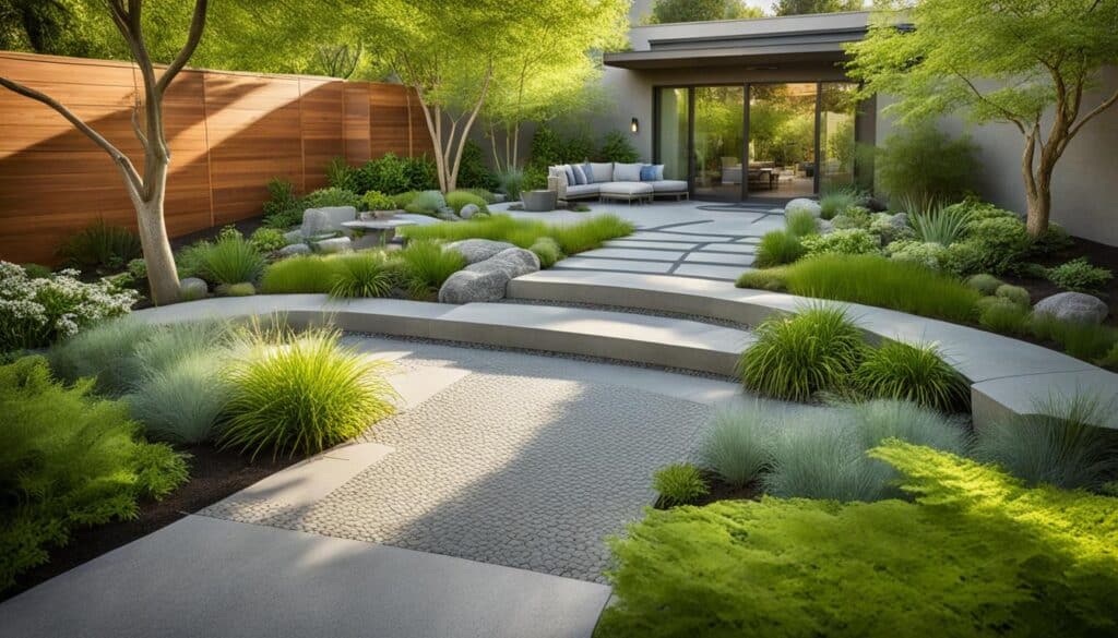 jardin harmonieux avec le béton désactivé et drainant